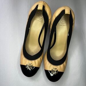 Tory Burch Jolie Block Heel Pumps Cap Toe‎ Leather Beige and Black Size 7.5